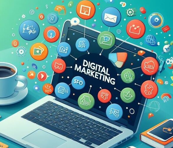 “Laptop with digital marketing icons floating around.”